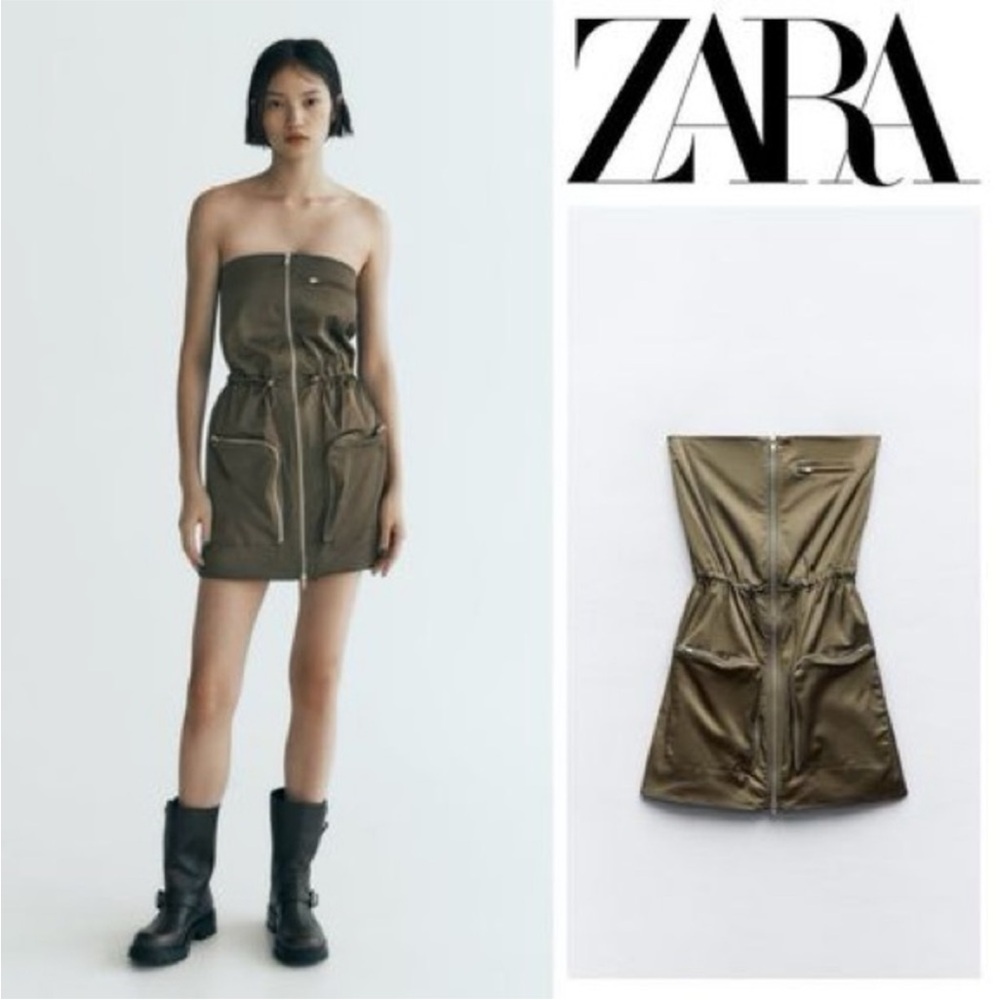 Zara Women's Khaki Cargo Green Strapless Dress size S